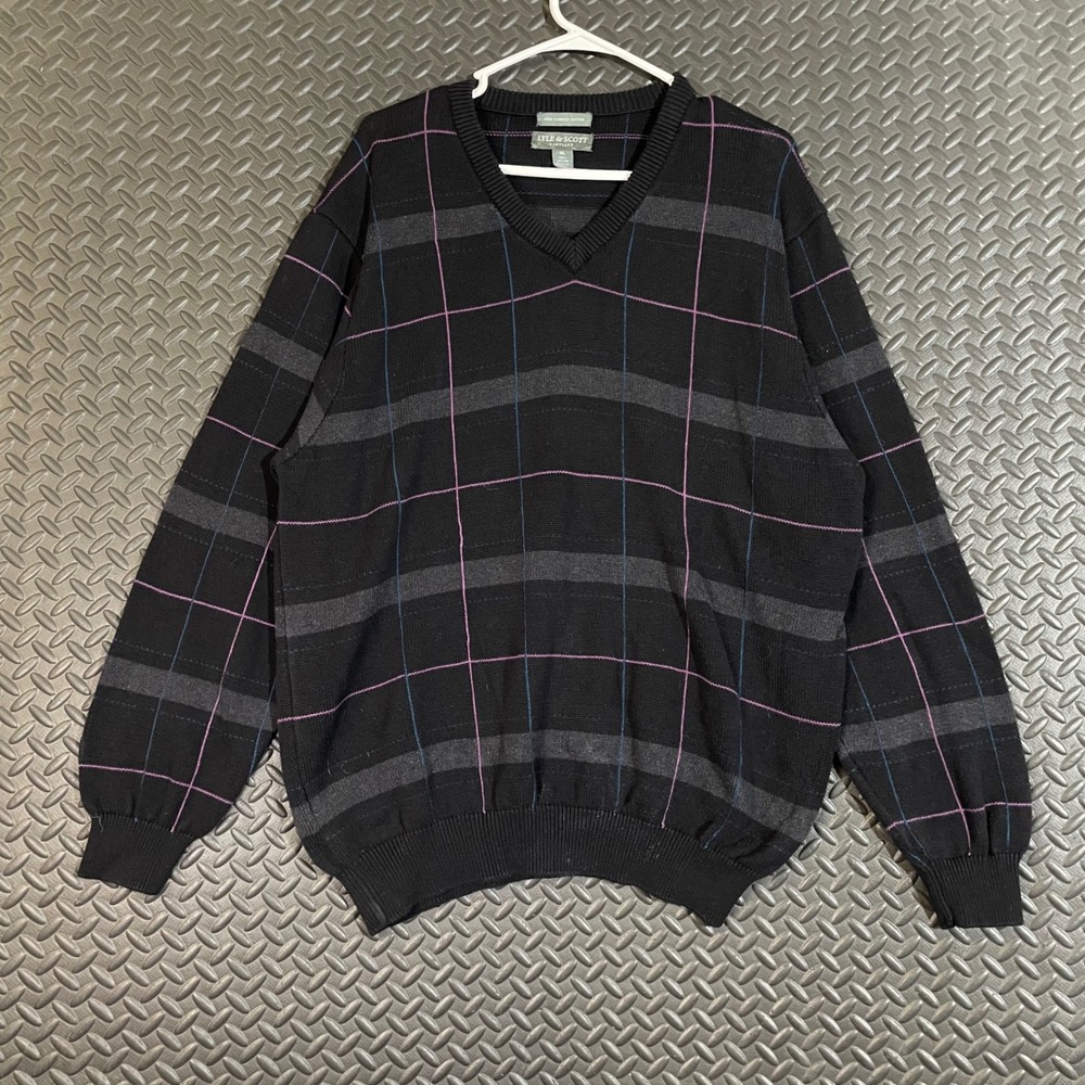 Lyle & Scott Scotland Black V-Neck Sweater Men‎ XL 100% Cotton Argyle Check Knit